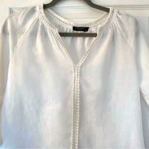 Lungo L’Arno Linen Blouse Shirt Top Embroidered Neckline White Size S